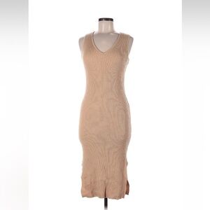 Magaschoni Tan Sheath Dress with Slit and Scoop Neck
